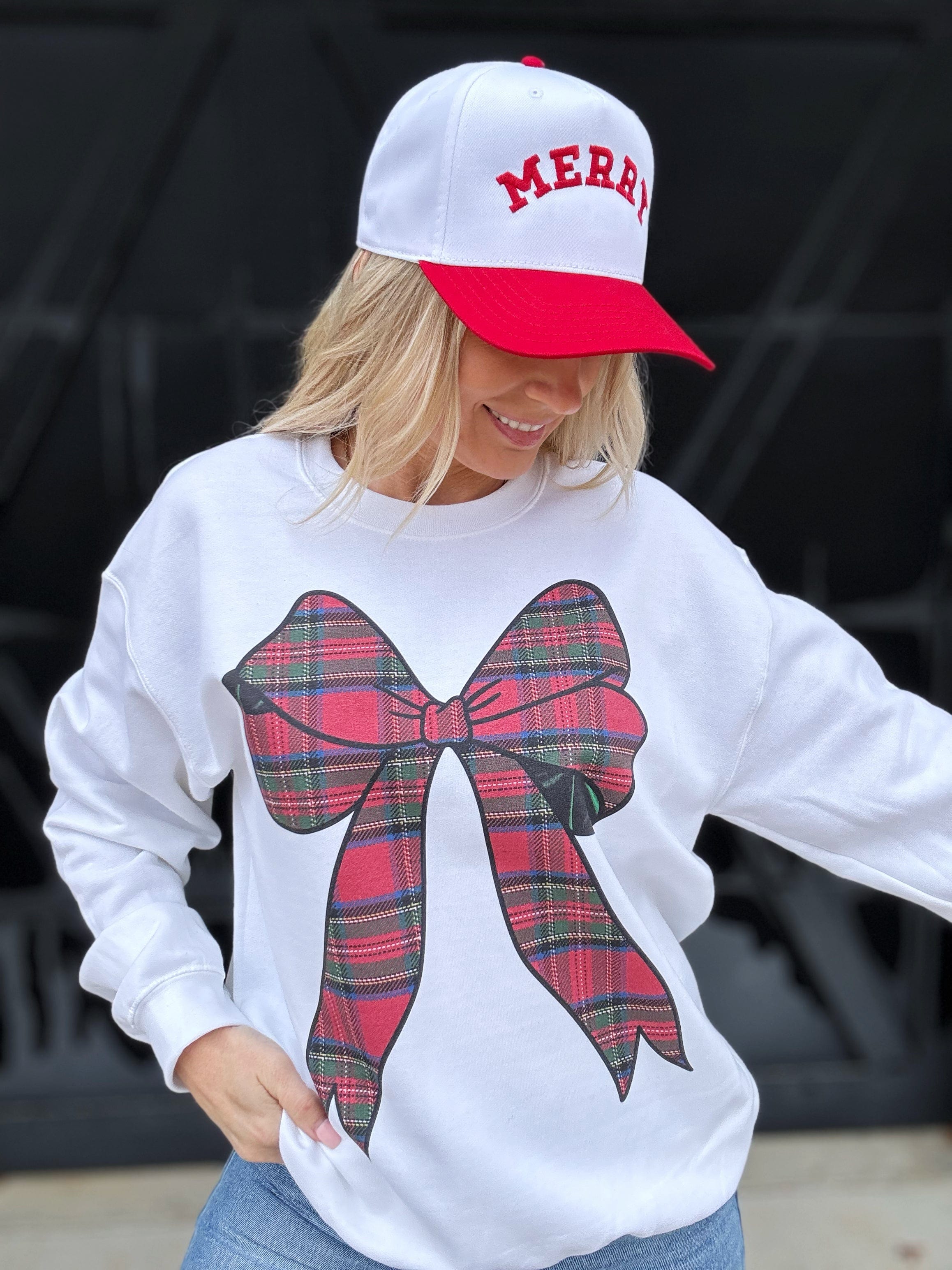 Plaid Bow Sweatshirt In White - Infinity Raine