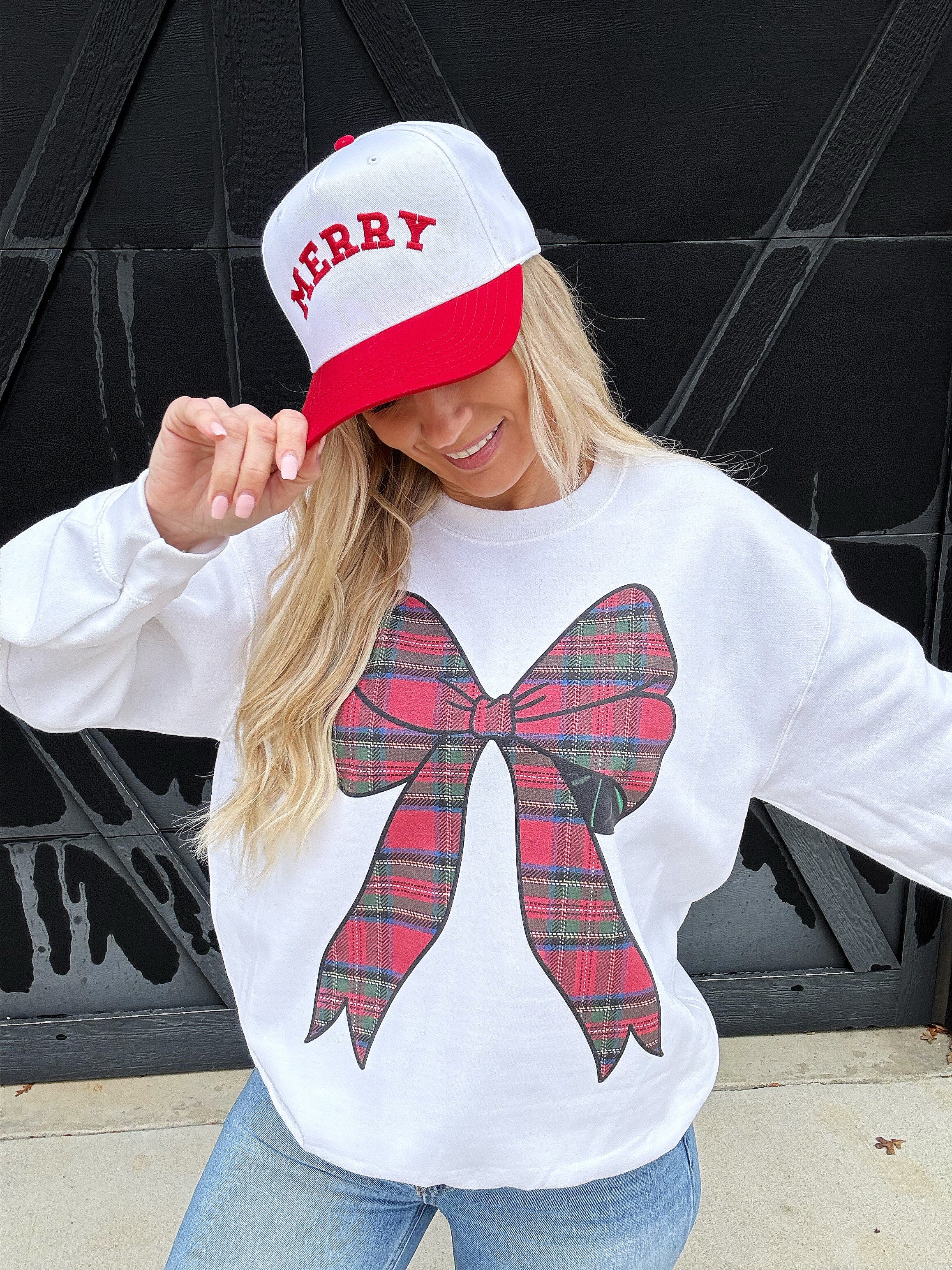 Plaid Bow Sweatshirt In White - Infinity Raine