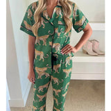 Cheetah Pajama Pant Set In Green - Infinity Raine