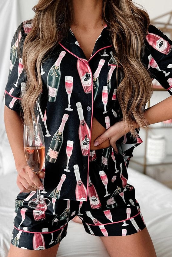 Silk Champagne Pajama Short Set In Black - Infinity Raine