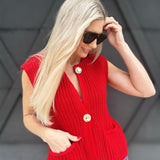 Chunky Knit Button Vest In Red - Infinity Raine