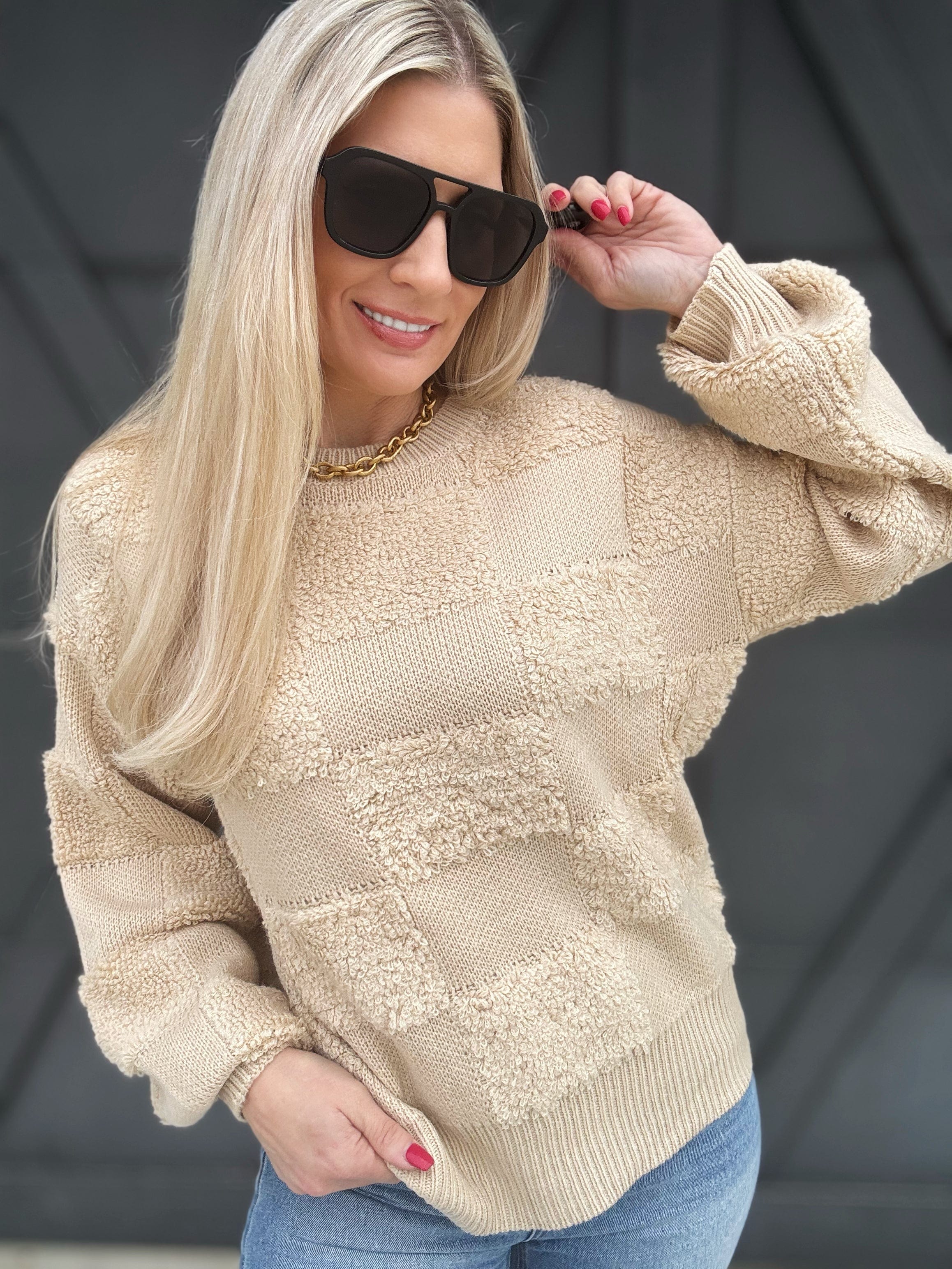 Checkered Sherpa Sweater In Tan - Infinity Raine