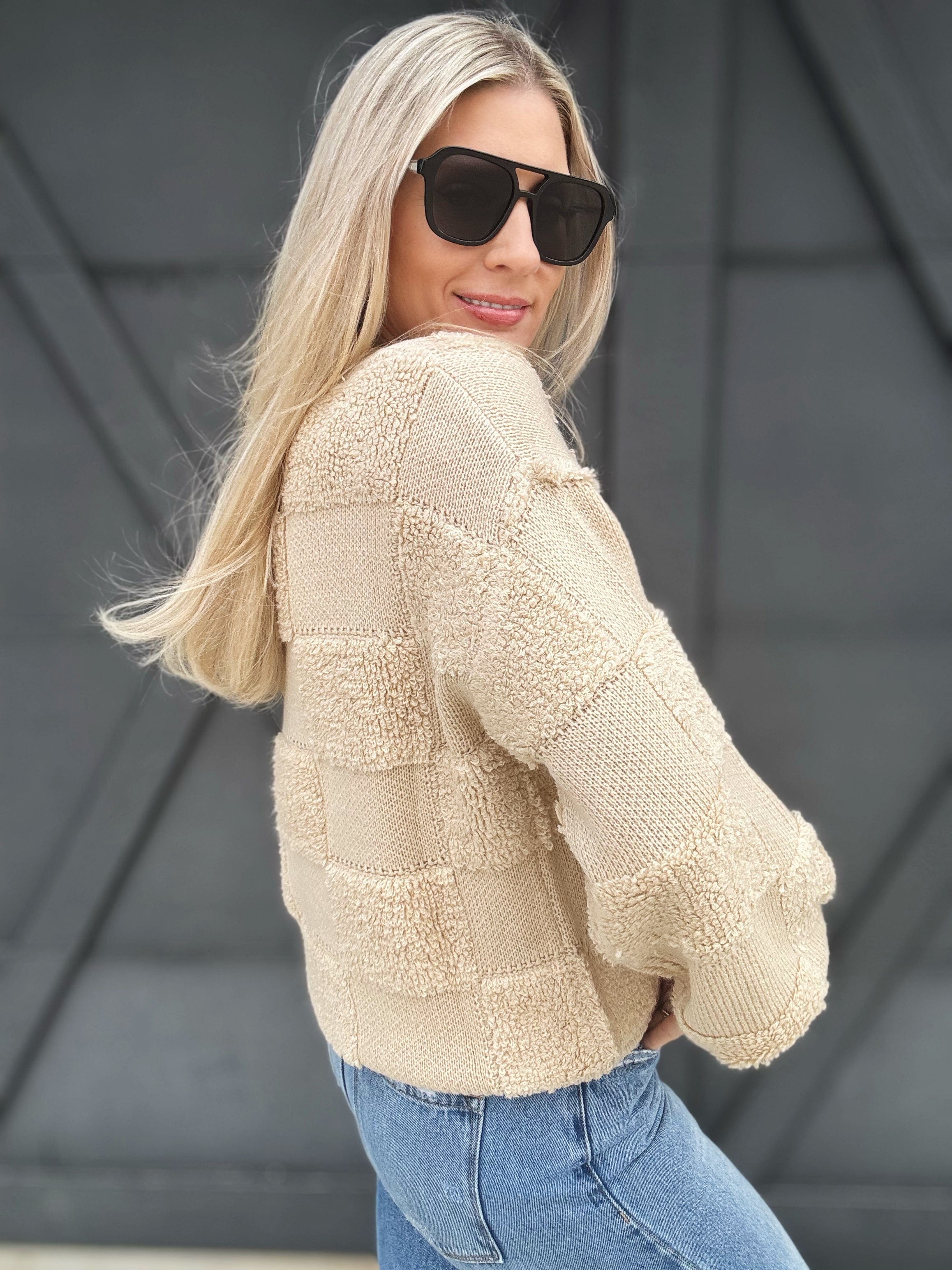 Checkered Sherpa Sweater In Tan - Infinity Raine