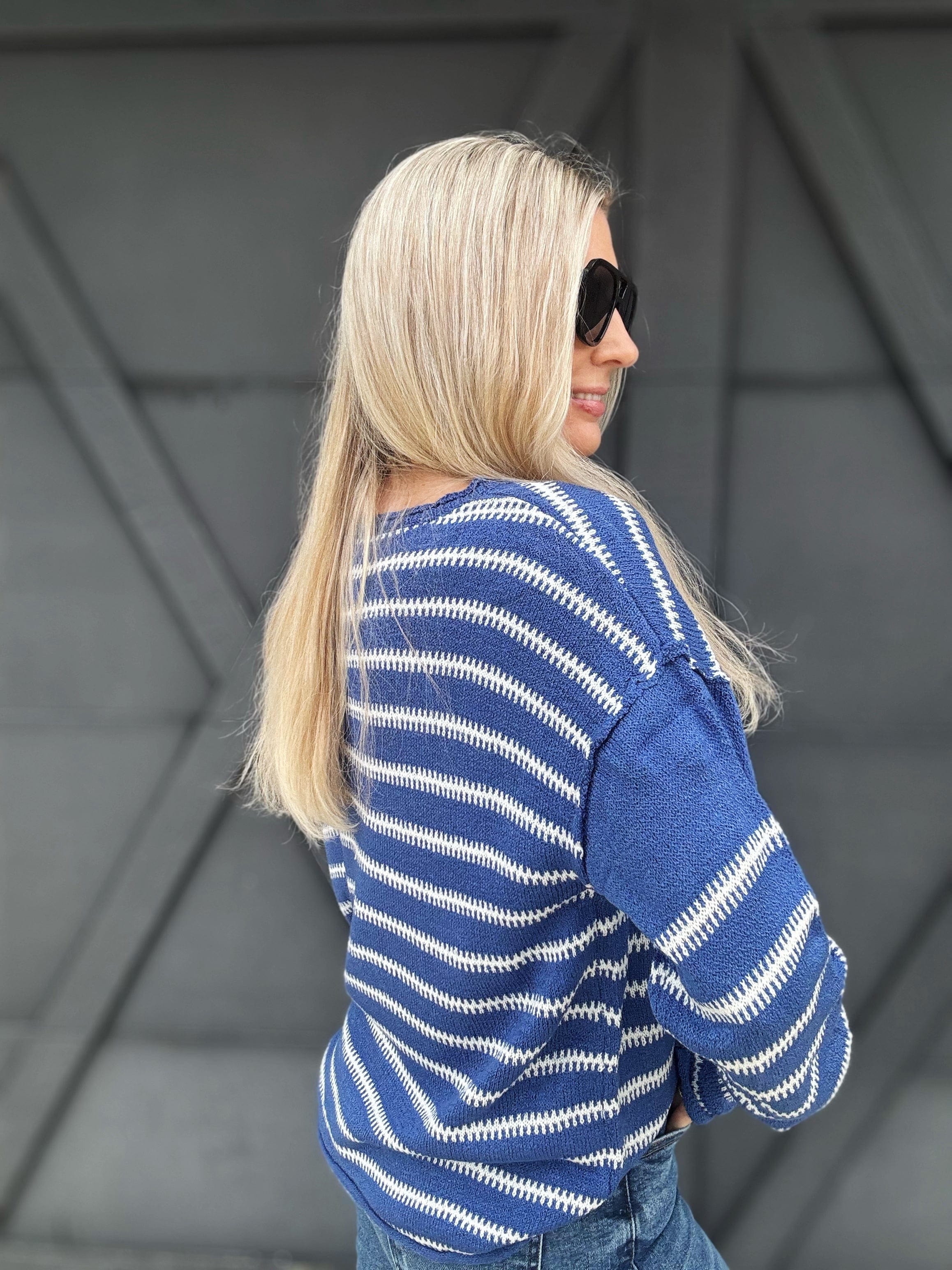 Stripe Drop Shoulder Sweater In Blue - Infinity Raine