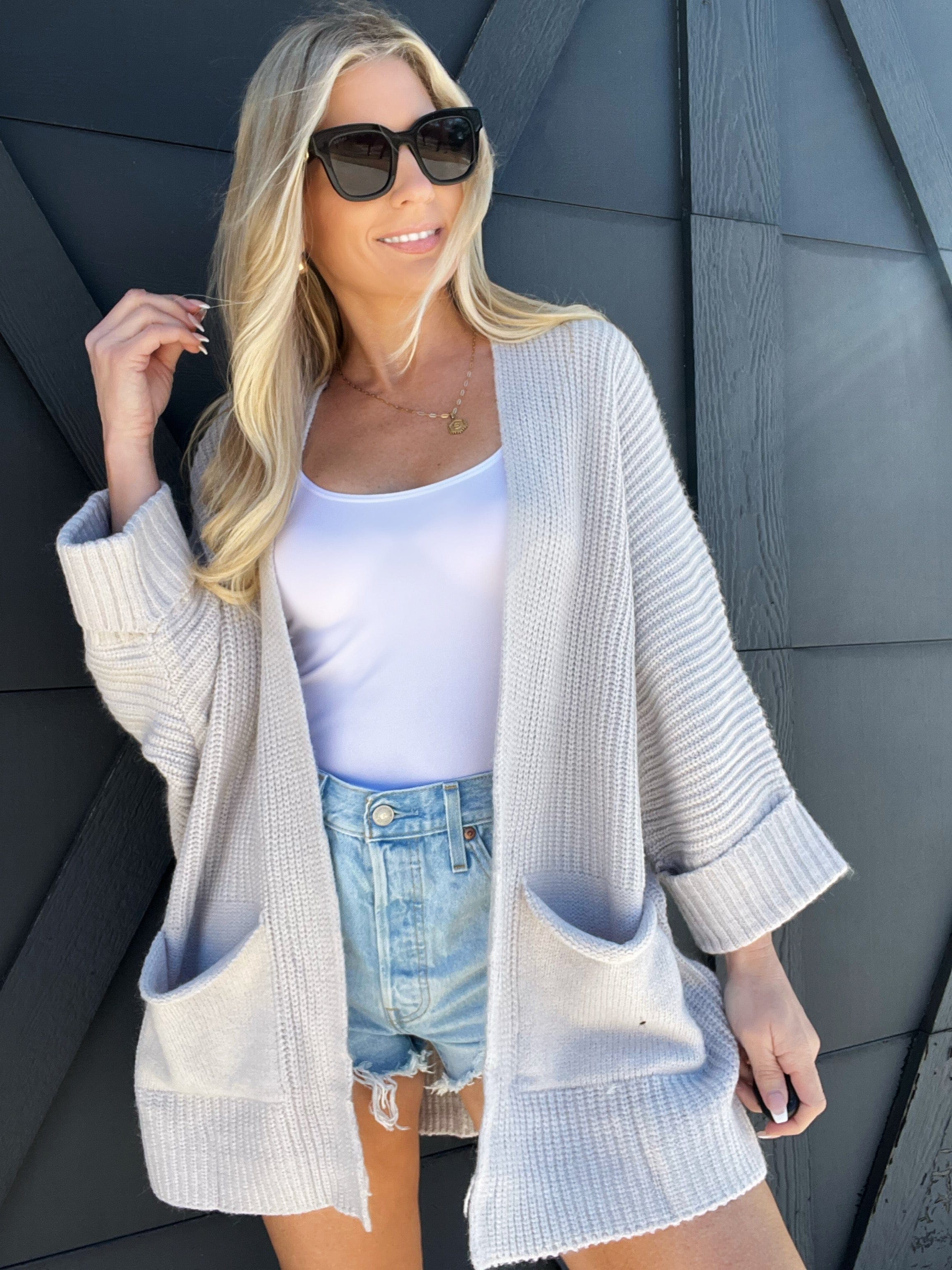 Oversized Knit Cardigan Sweater-Grey - Infinity Raine