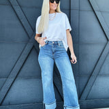 Straight Leg Mid Rise Jeans With Roll Up Hem - Infinity Raine