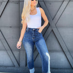 Straight Leg Mid Rise Jeans With Roll Up Hem In Dark - Infinity Raine