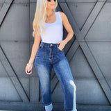 Straight Leg Mid Rise Jeans With Roll Up Hem In Dark - Infinity Raine