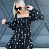 Bow Ribbon Print Woven Dress In Black - Infinity Raine