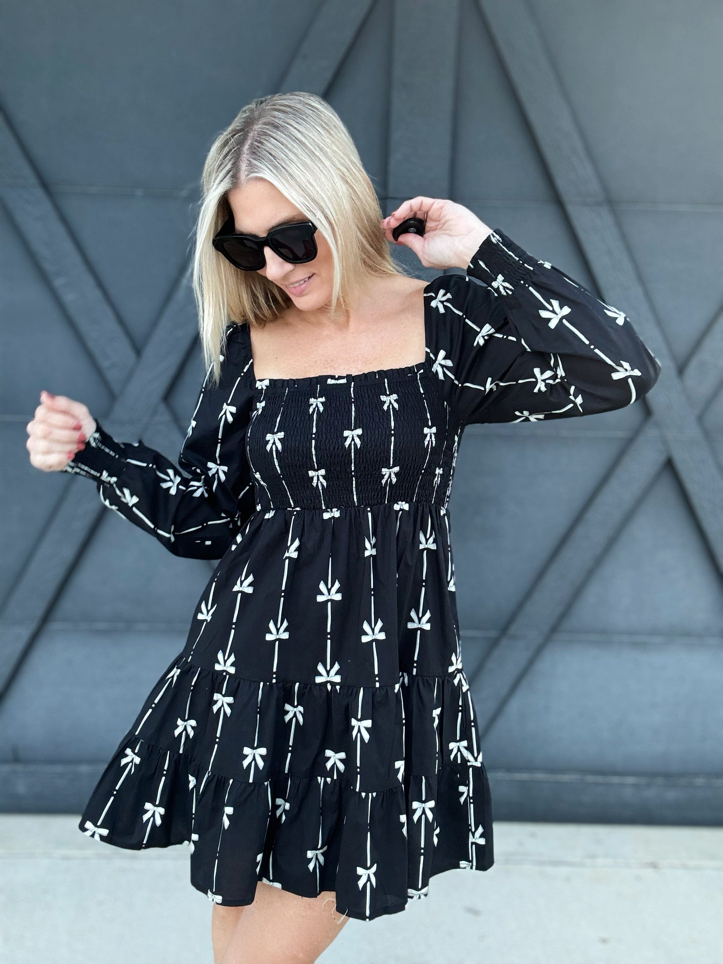 Bow Ribbon Print Woven Dress In Black - Infinity Raine