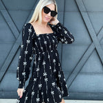 Bow Ribbon Print Woven Dress In Black - Infinity Raine