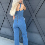 Bell Bottom Jumpsuit In Dark Denim - Infinity Raine