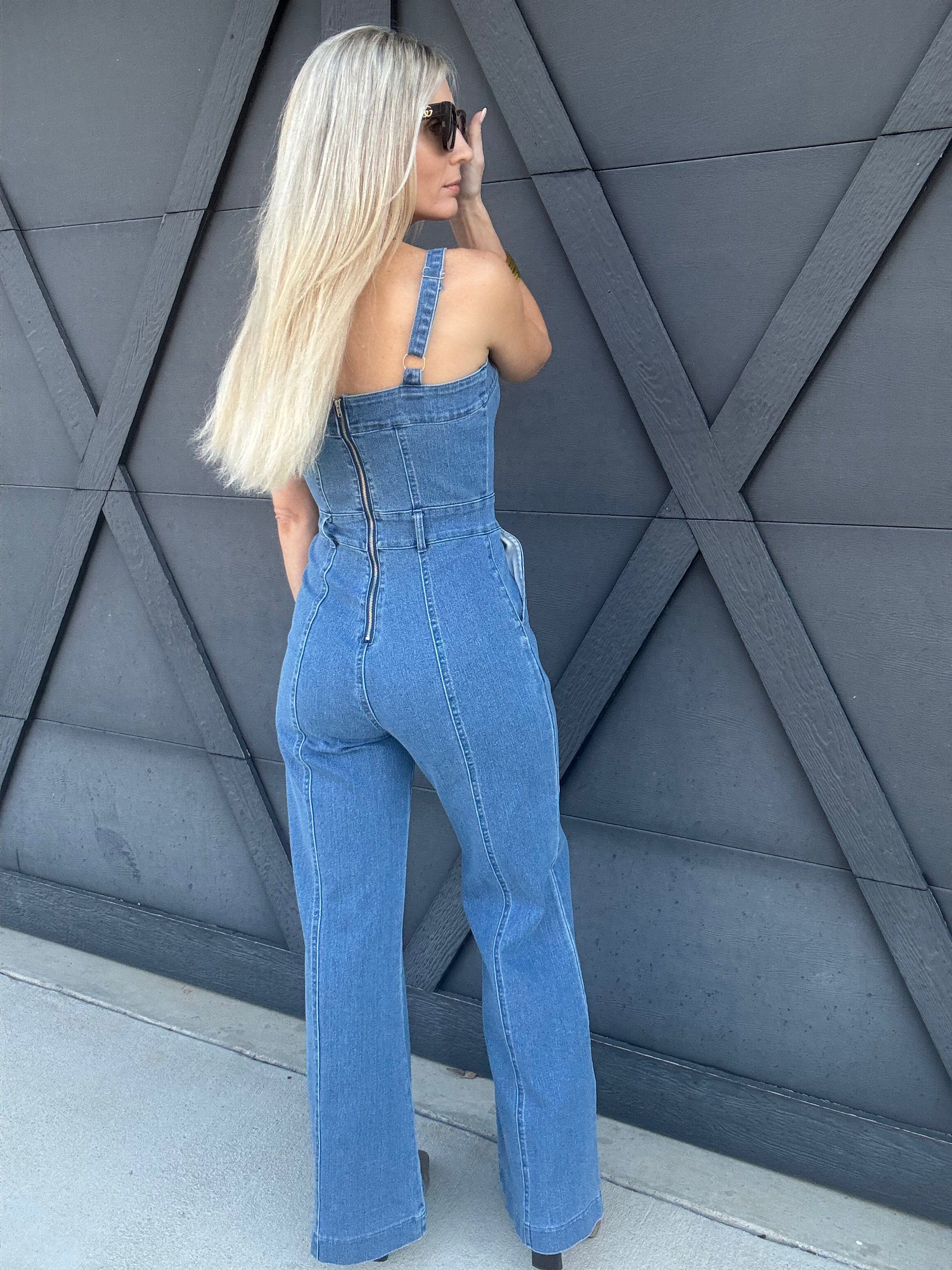 Bell Bottom Jumpsuit In Dark Denim - Infinity Raine