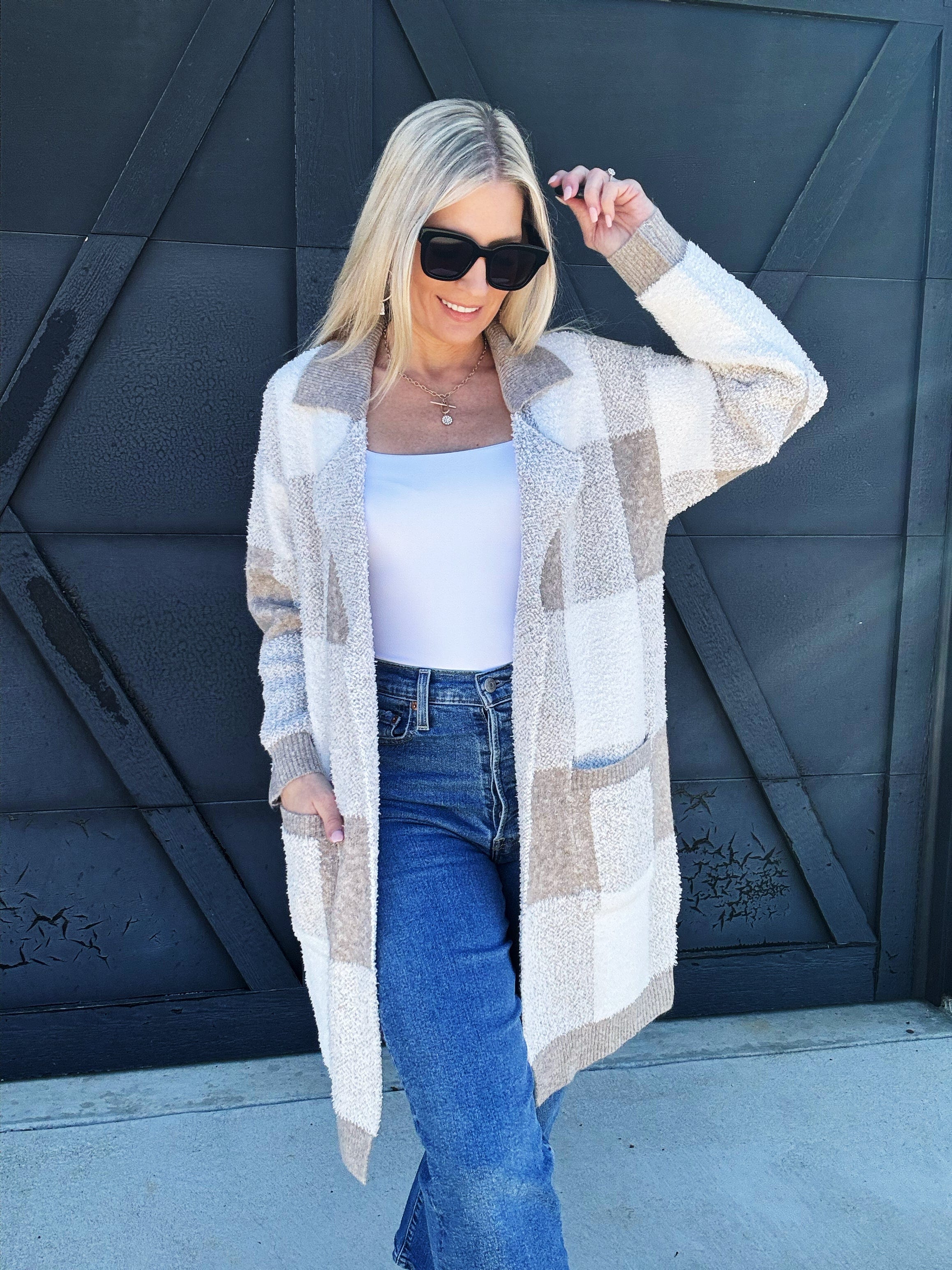 So Me Outerwear - Jackets & Coats Checkered Fluffy Open Cardigan in Taupe