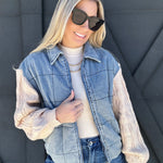 Denim Jacket With Sweater Sleeves In Denim Oatmeal - Infinity Raine