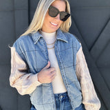 Denim Jacket With Sweater Sleeves In Denim Oatmeal - Infinity Raine