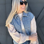 Denim Jacket With Sweater Sleeves In Denim Oatmeal - Infinity Raine