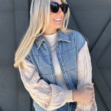 Denim Jacket With Sweater Sleeves In Denim Oatmeal - Infinity Raine