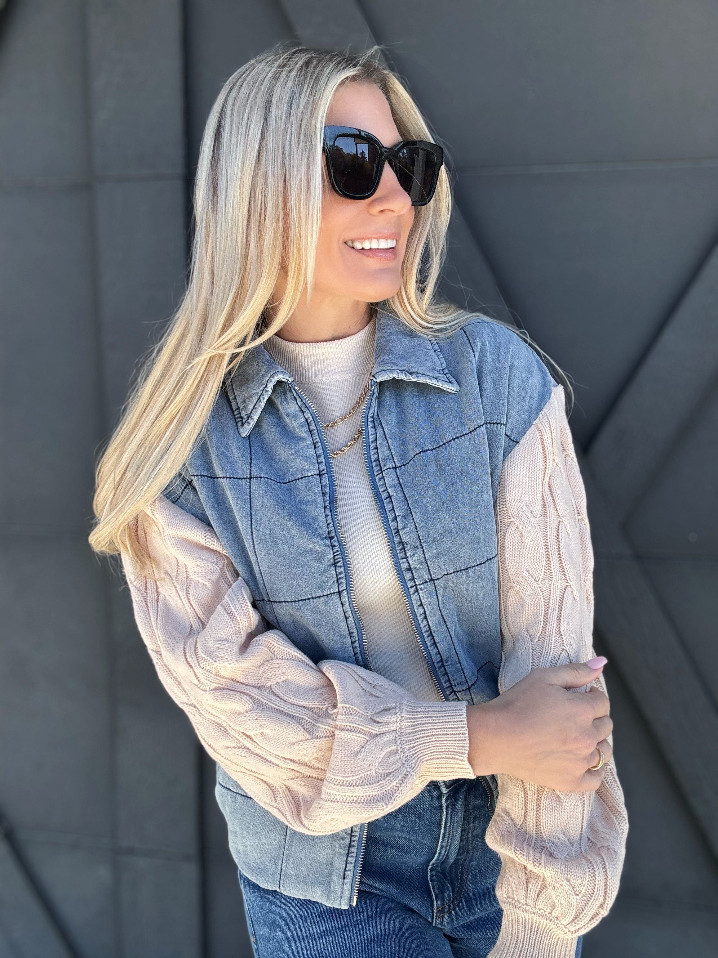 Denim Jacket With Sweater Sleeves In Denim Oatmeal - Infinity Raine