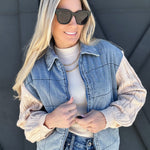 Denim Jacket With Sweater Sleeves In Denim Oatmeal - Infinity Raine