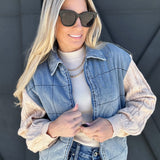 Denim Jacket With Sweater Sleeves In Denim Oatmeal - Infinity Raine