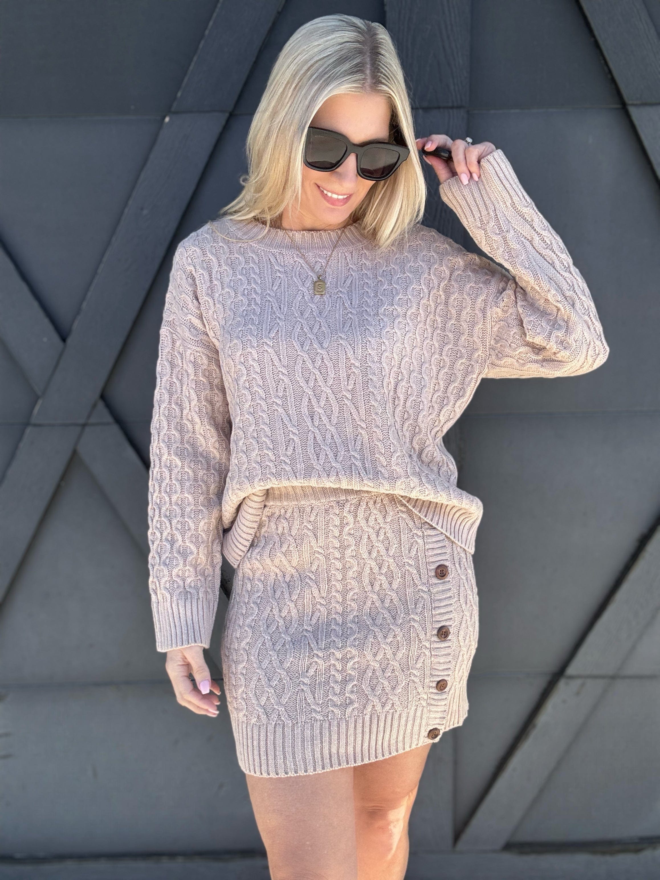 Cable Knit Sweater Skirt Set In Taupe - Infinity Raine