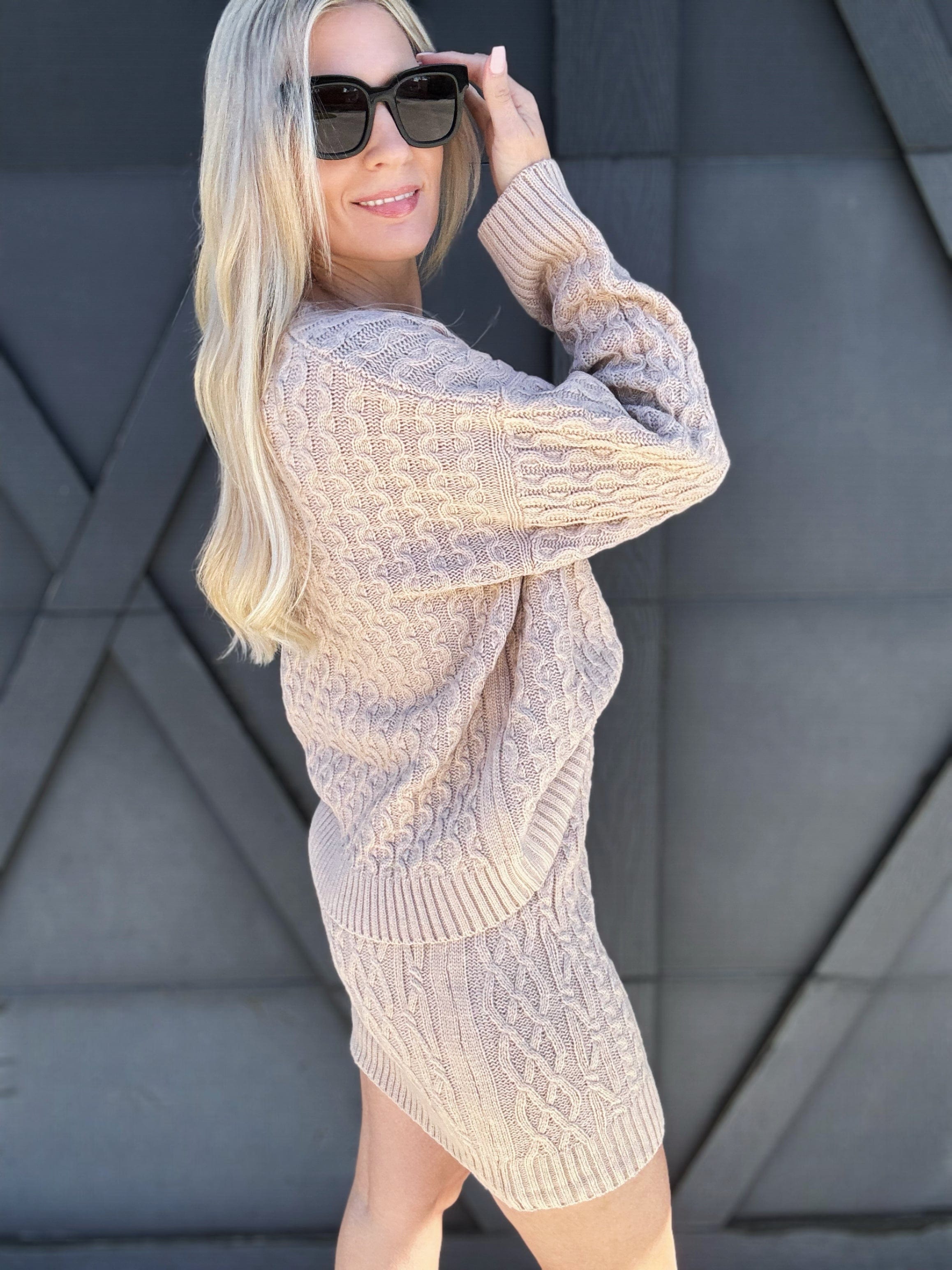 Cable Knit Sweater Skirt Set In Taupe - Infinity Raine