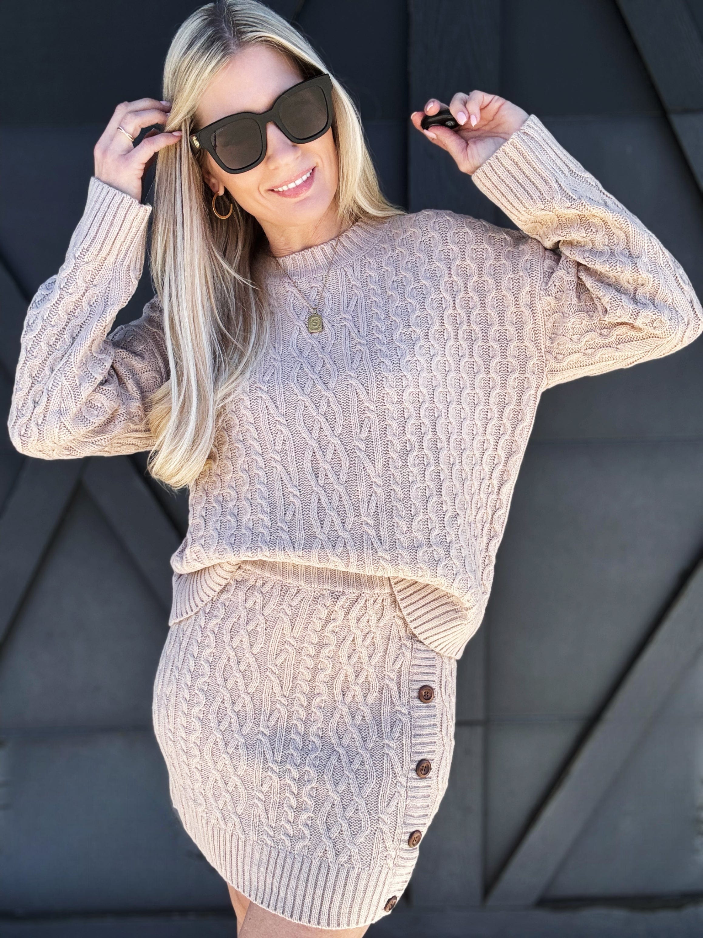 Cable Knit Sweater Skirt Set In Taupe - Infinity Raine