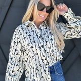 Bow Print Button Up Blouse In Ivory - Infinity Raine