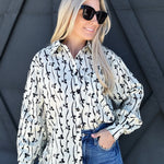 Bow Print Button Up Blouse In Ivory - Infinity Raine