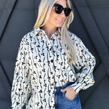 Bow Print Button Up Blouse In Ivory - Infinity Raine