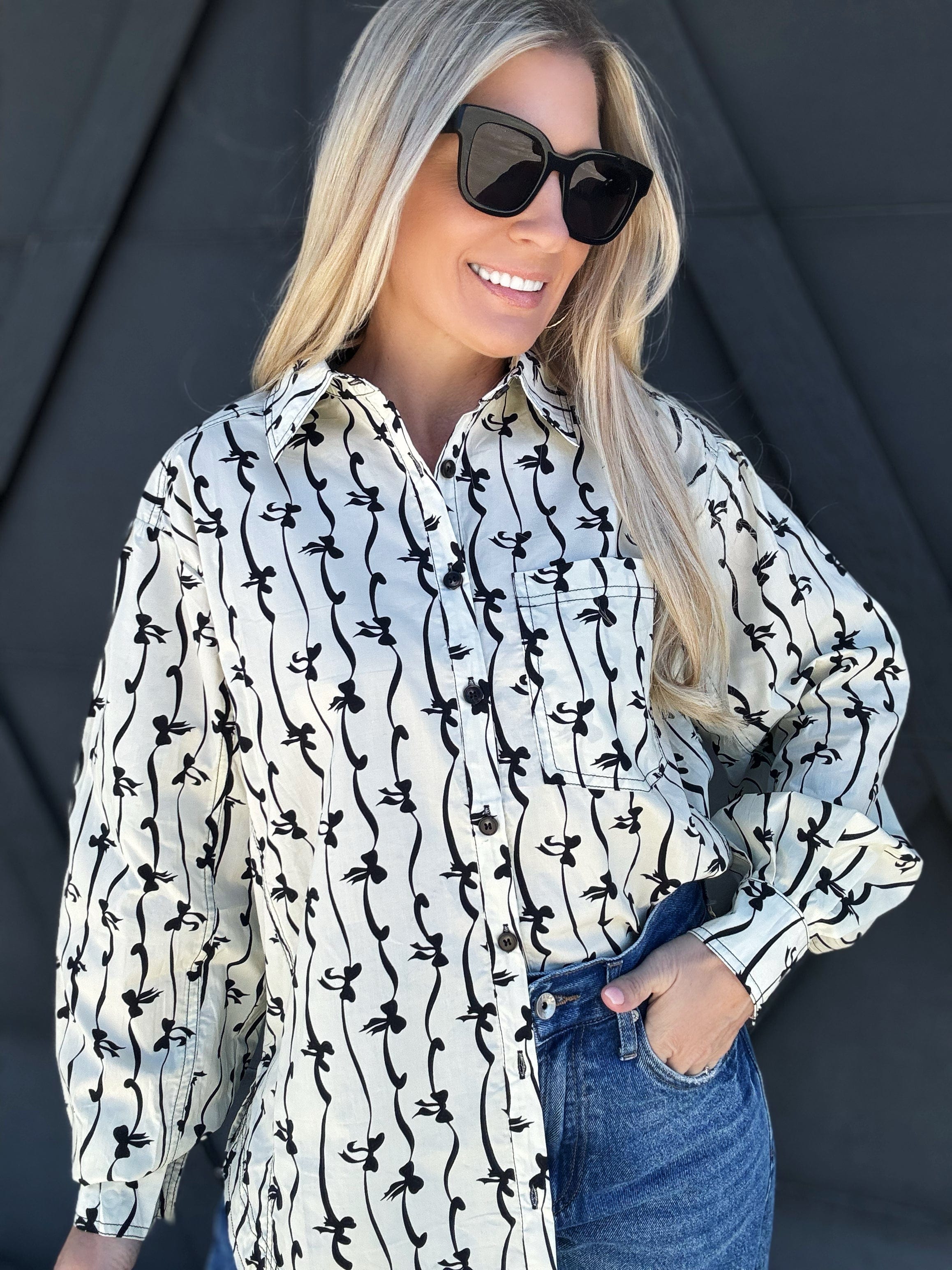 Bow Print Button Up Blouse In Ivory - Infinity Raine