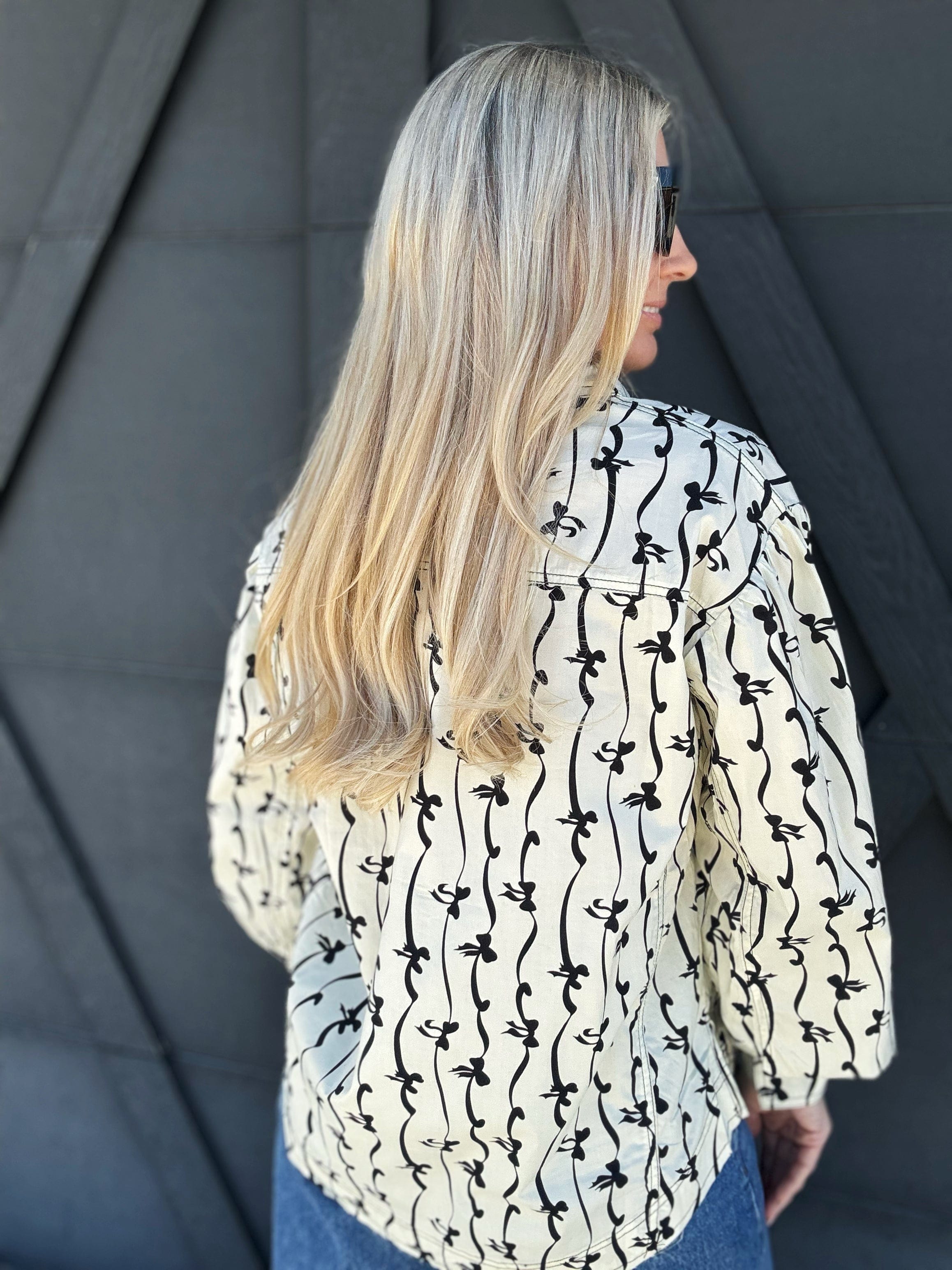 Bow Print Button Up Blouse In Ivory - Infinity Raine