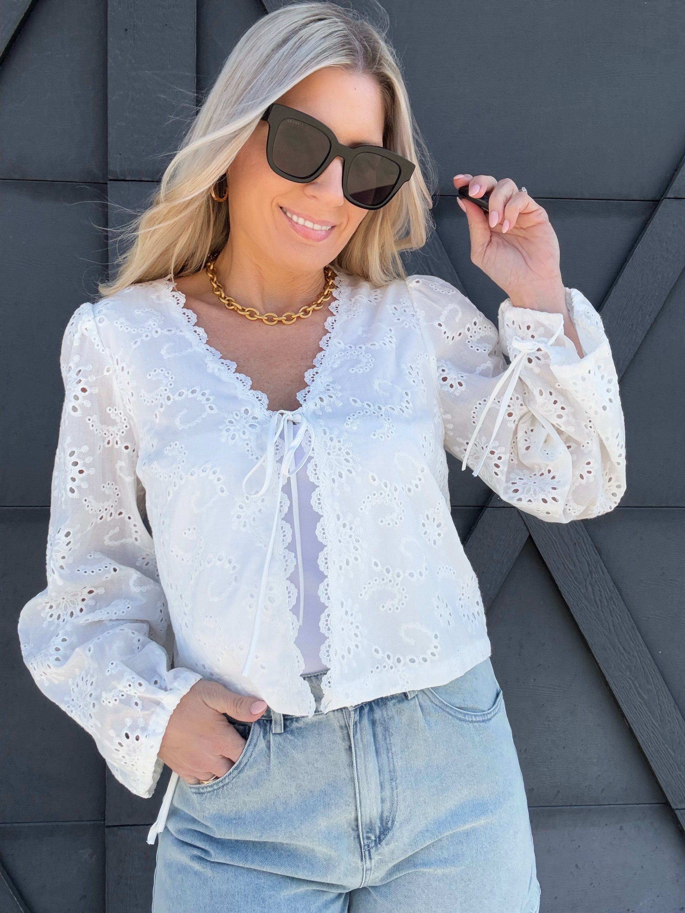 Floral Eyelet Tie Top In Off White - Infinity Raine