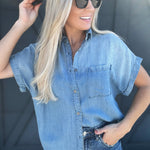 So Me Tops - Blouses Soft Touch Drapery Button Up In Denim