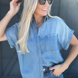 So Me Tops - Blouses Soft Touch Drapery Button Up In Denim