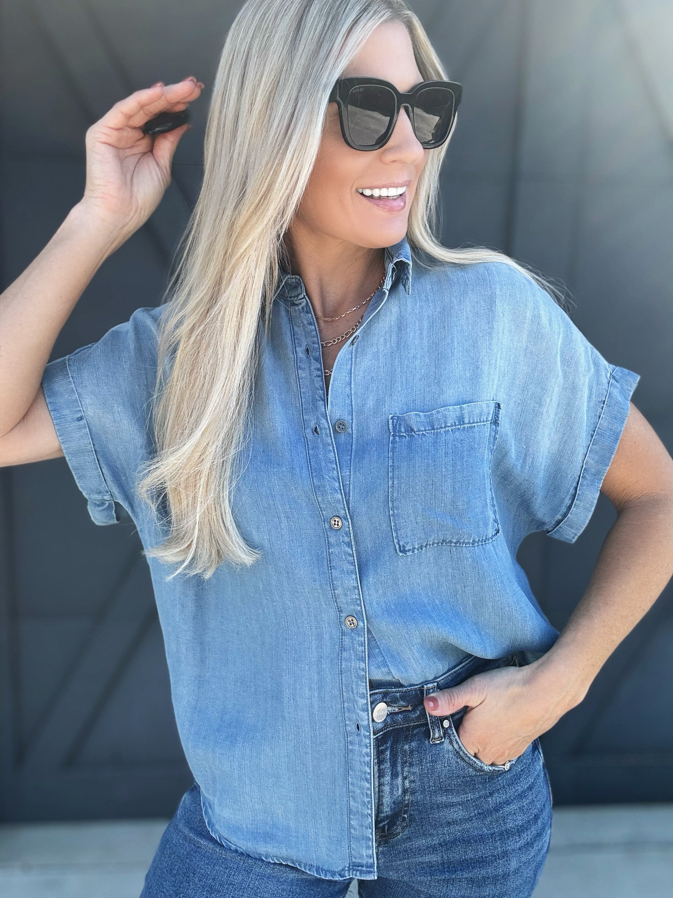 So Me Tops - Blouses Soft Touch Drapery Button Up In Denim