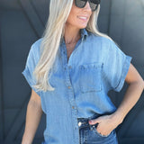 So Me Tops - Blouses Soft Touch Drapery Button Up In Denim