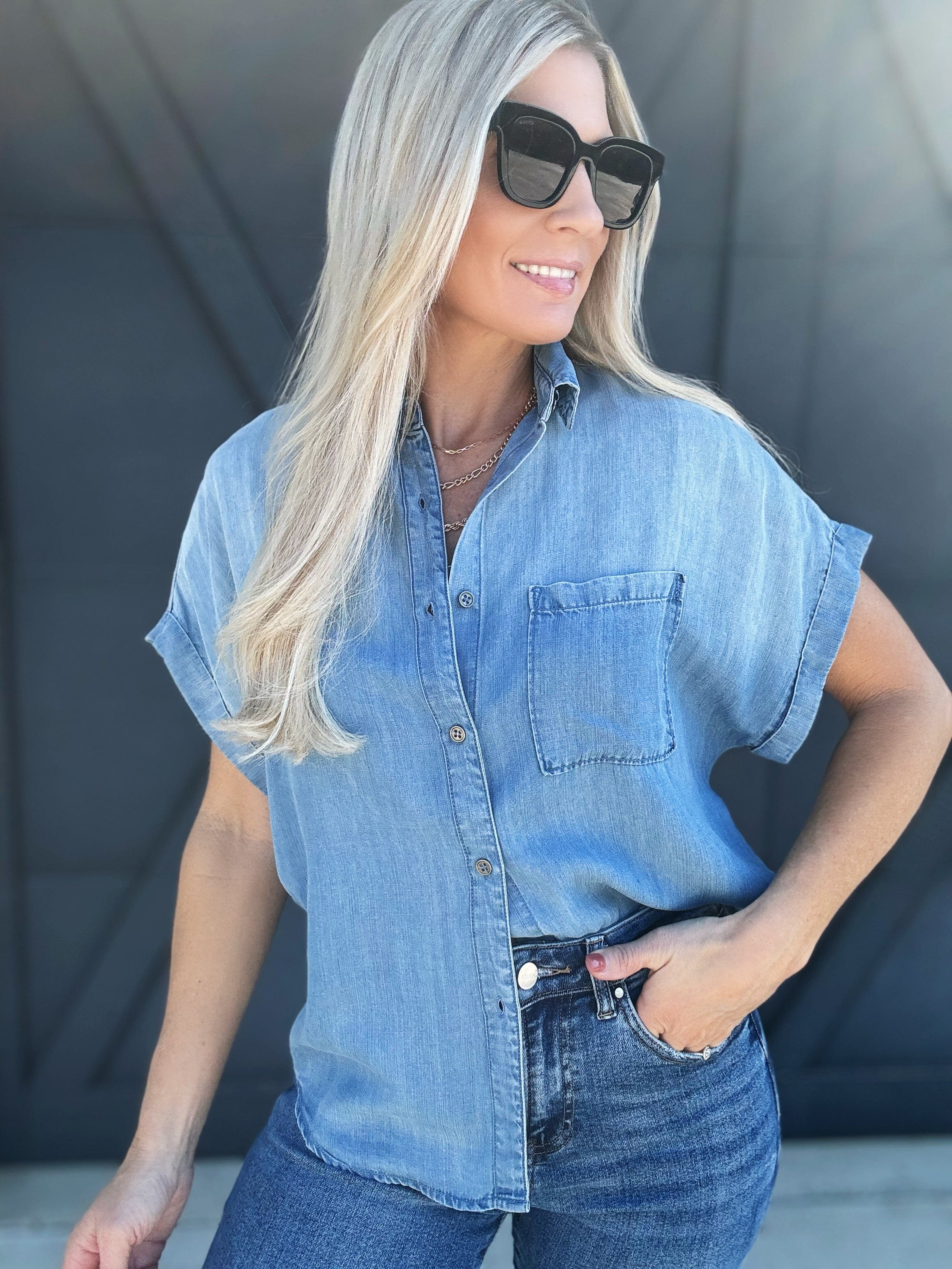 So Me Tops - Blouses Soft Touch Drapery Button Up In Denim