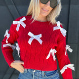 So Me Tops - Sweaters Bow Sweater Top In Red Ivory