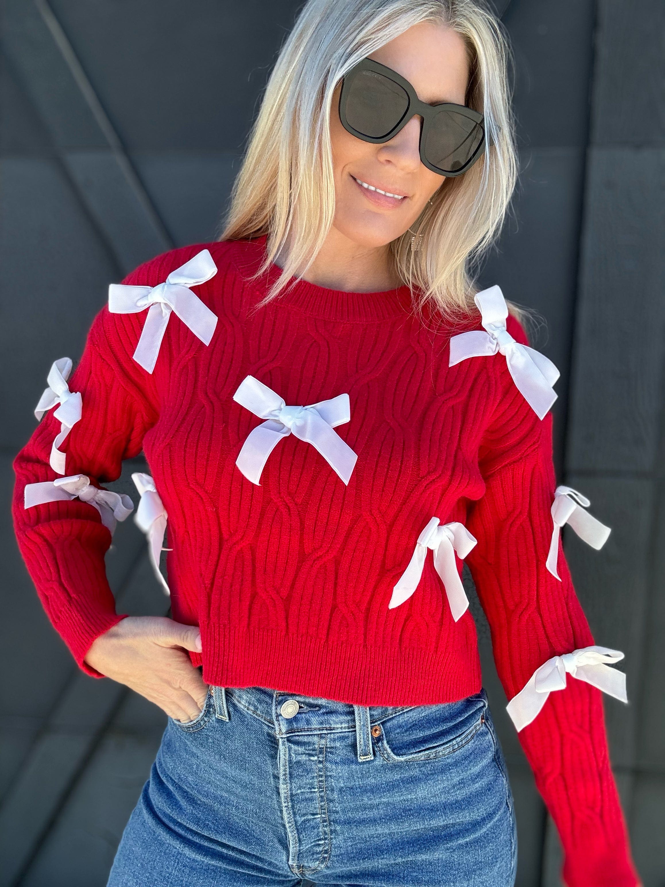 So Me Tops - Sweaters Bow Sweater Top In Red Ivory