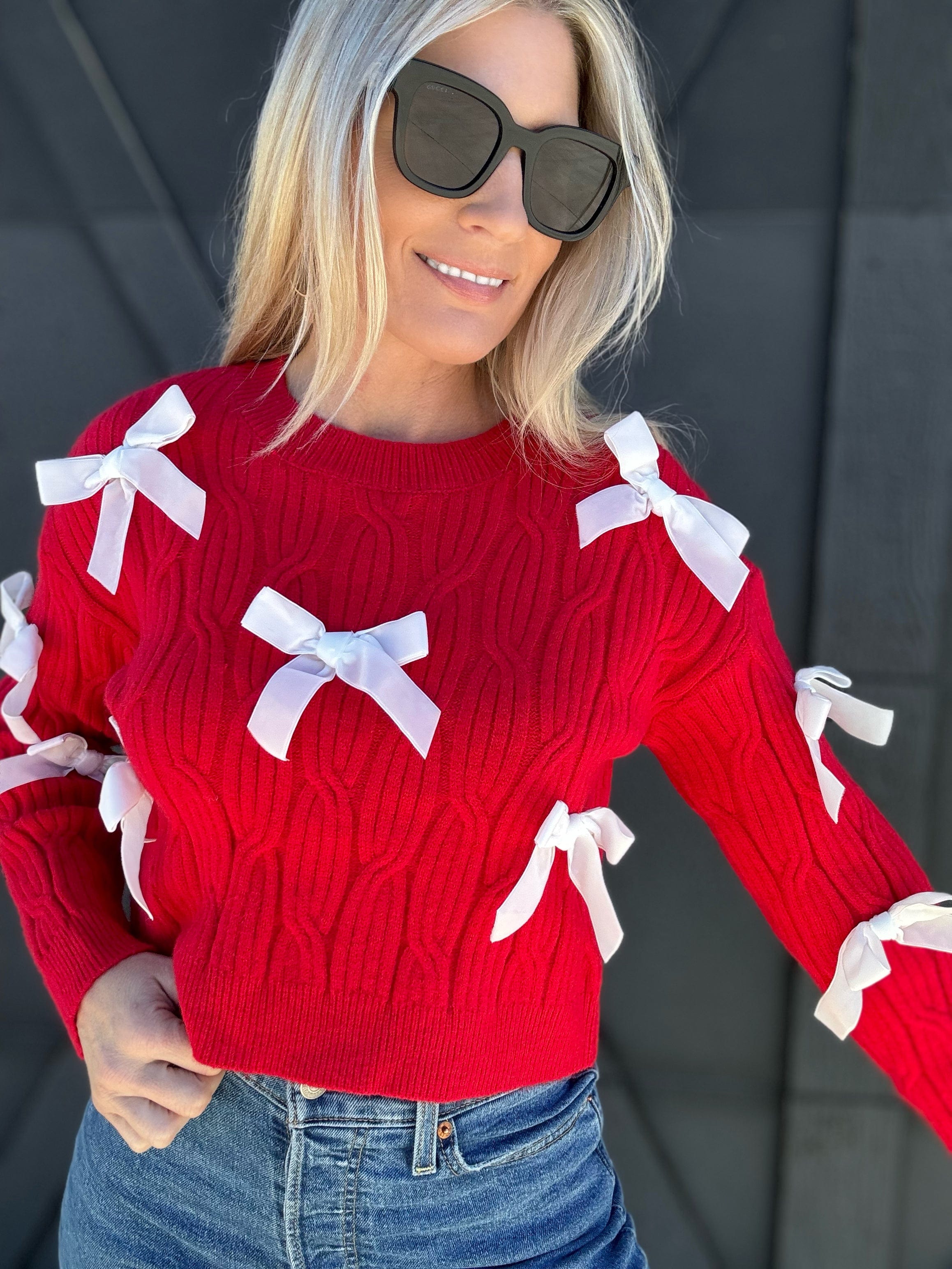 So Me Tops - Sweaters Bow Sweater Top In Red Ivory