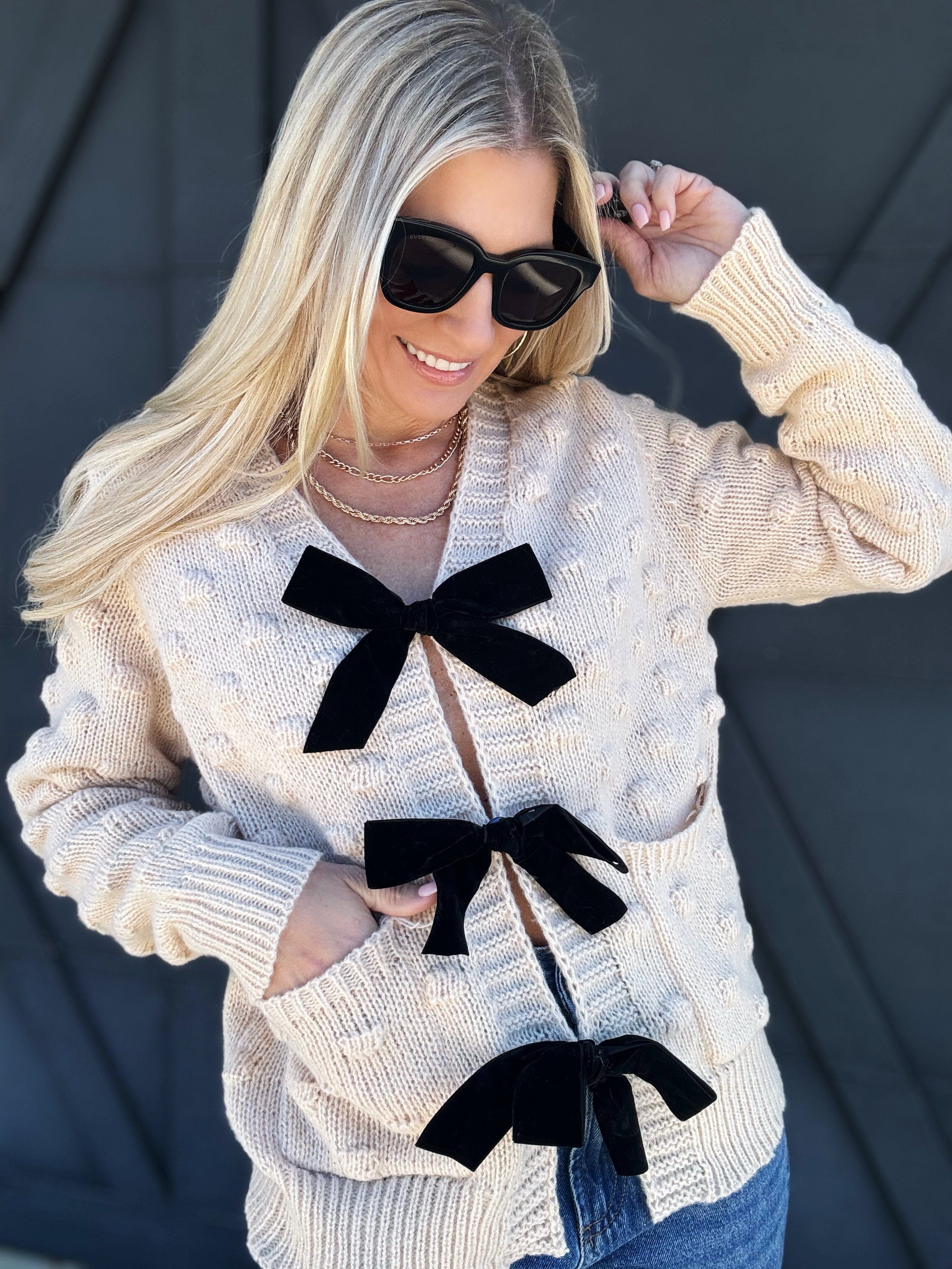 Bow Tie Bubbly Sweater In Oatmeal - Infinity Raine