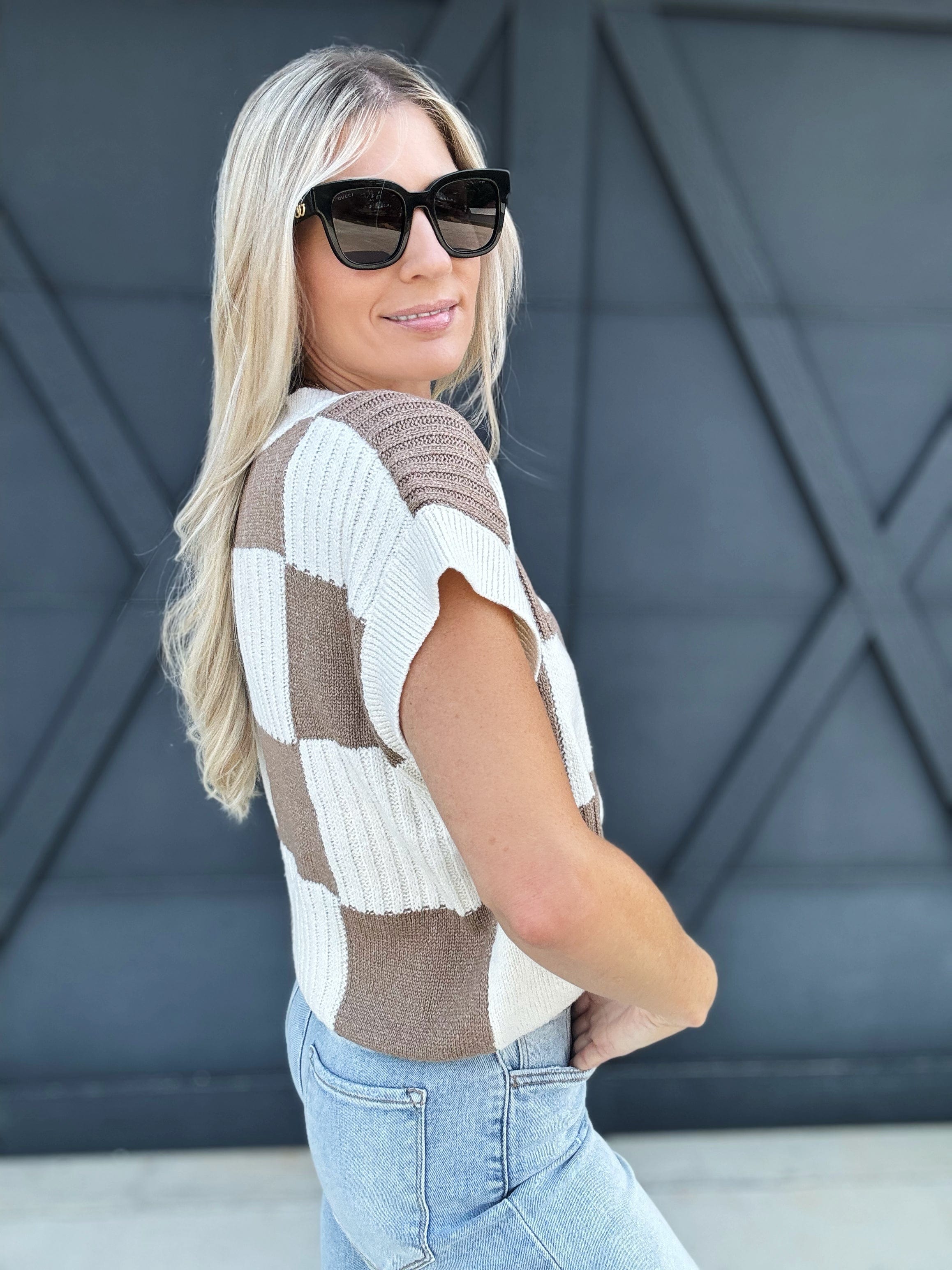 Check Plaid Casual Sweater Top In Coffee - Infinity Raine