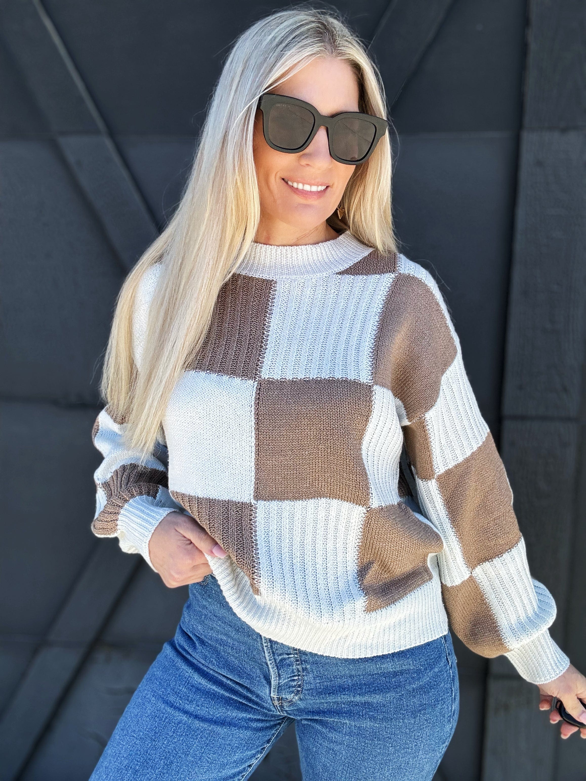 Checkered Sweater In Coffee Ivory - Infinity Raine