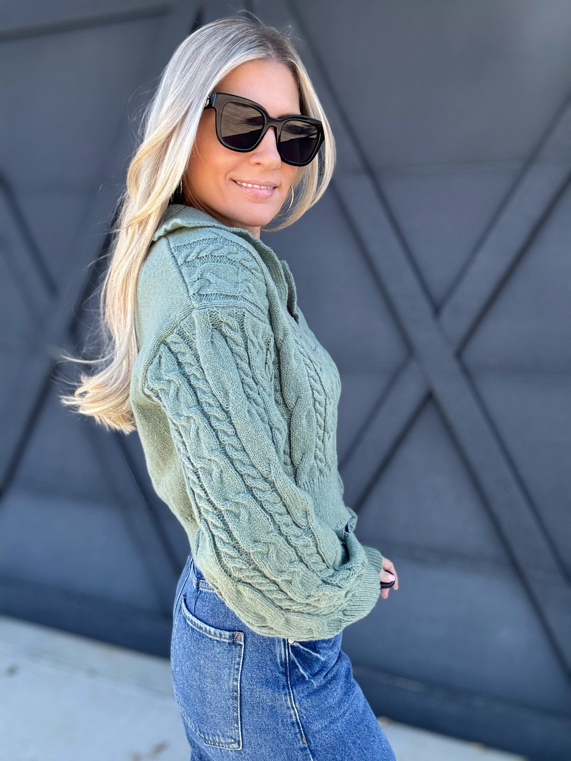 Deep V Crop Cable Knit Sweater In Olive - Infinity Raine