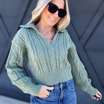 Deep V Crop Cable Knit Sweater In Olive - Infinity Raine