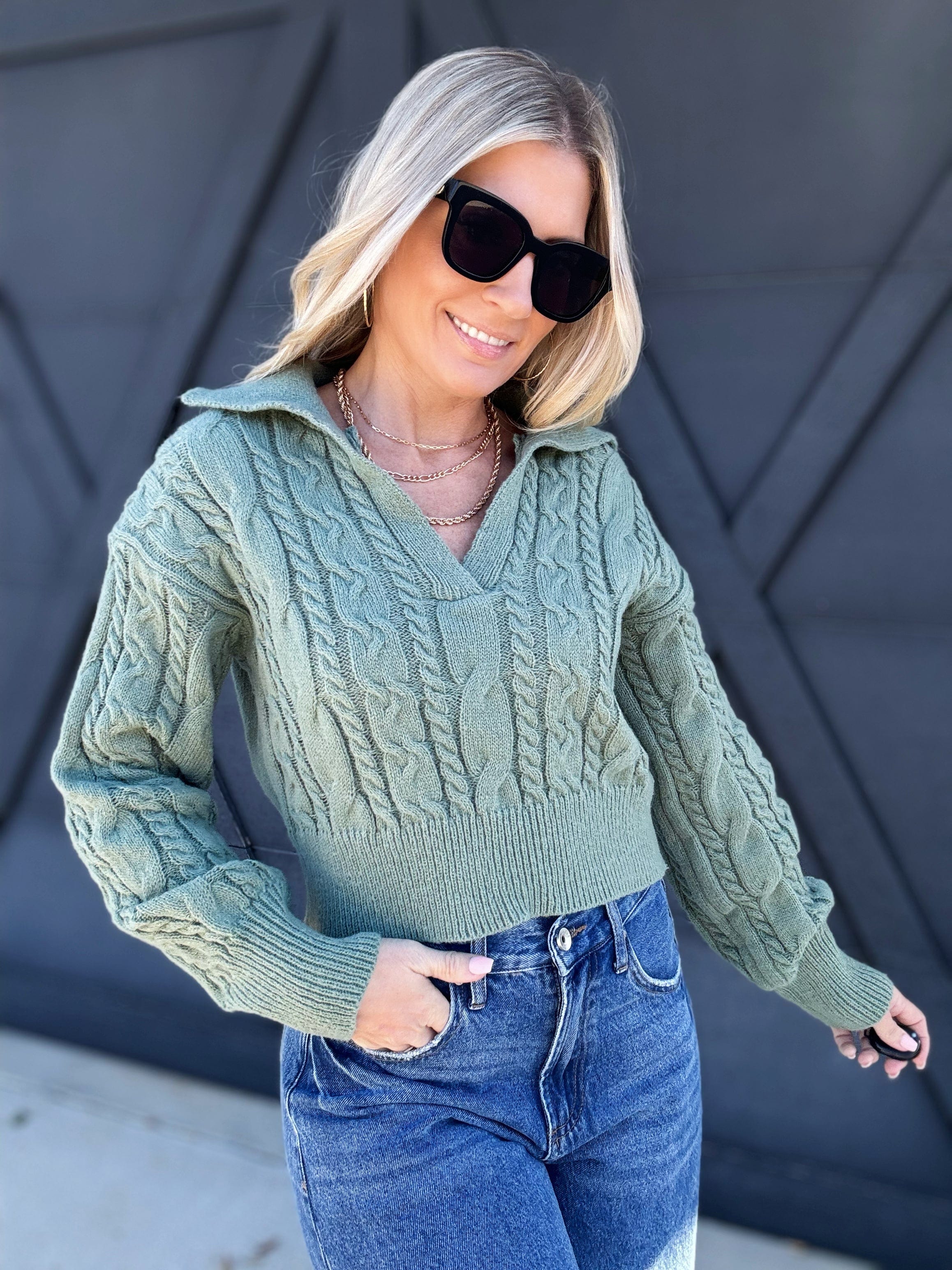 Deep V Crop Cable Knit Sweater In Olive - Infinity Raine