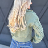 Deep V Crop Cable Knit Sweater In Olive - Infinity Raine