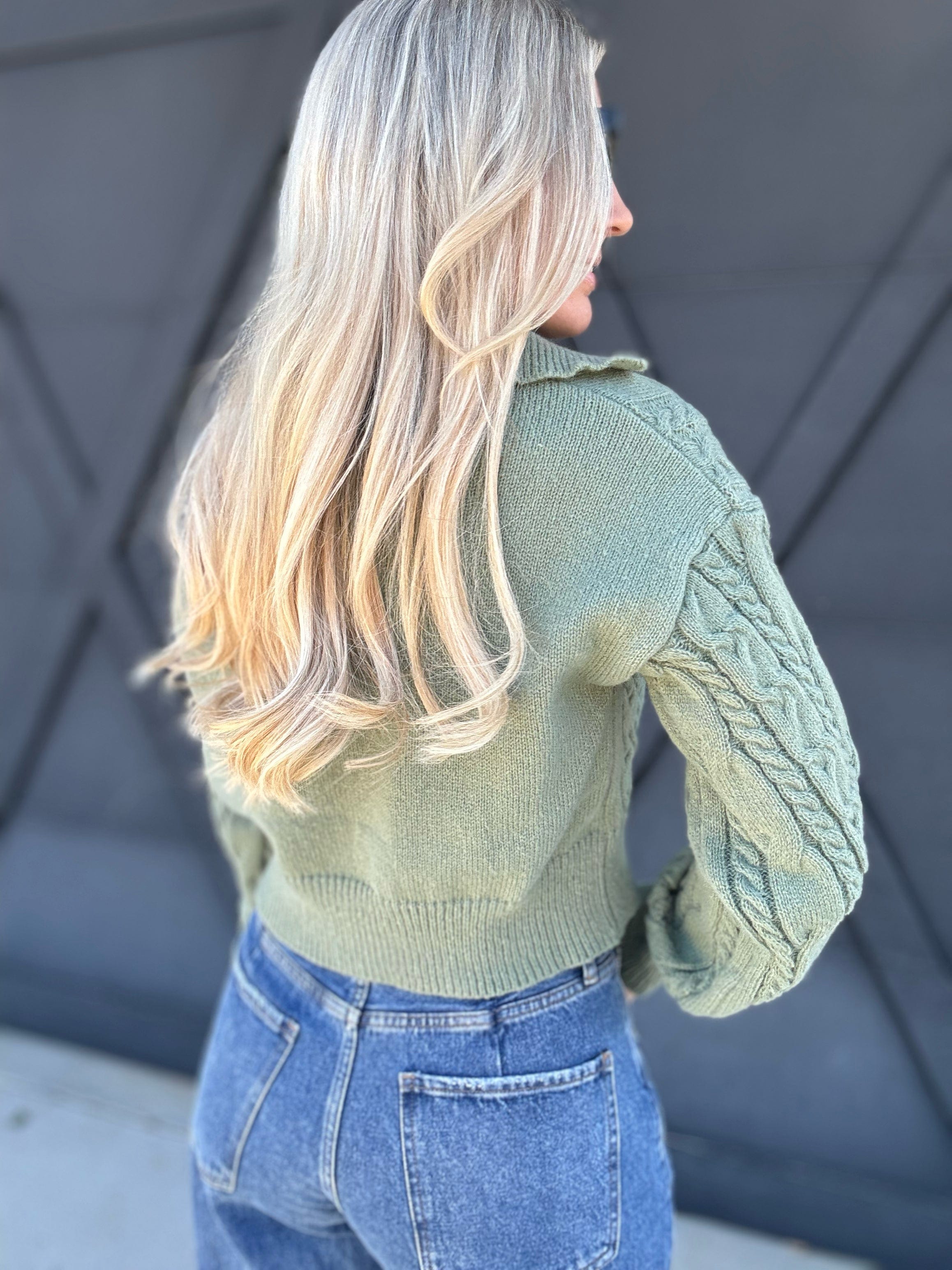 Deep V Crop Cable Knit Sweater In Olive - Infinity Raine